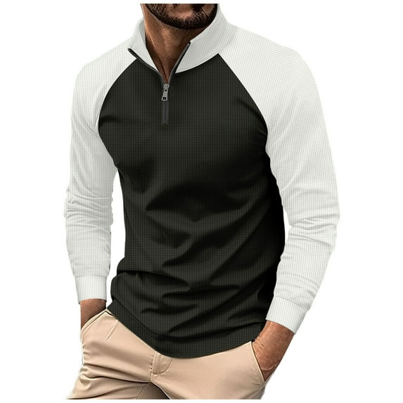 GuangCheng Mens Half Zip Shirts Pullover Raglan Sleeve Contrast Color Block Sporty Athletic Fit Stretch Casual Blouses,White,XL