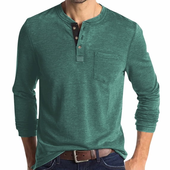 GuangCheng Mens Heathered Henley Shirts,Long Sleeve,Casual Tops with Chest Pocket,Soft,Comfort Fit Basic Tops,Green,Size XL