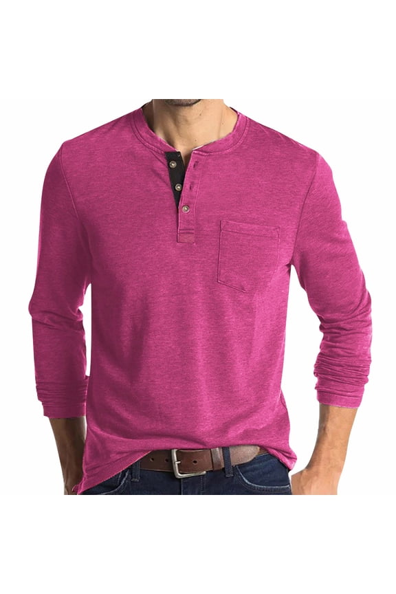 Mens Heathered Henley Shirts,Long Sleeve,Casual Tops with Chest Pocket,Soft,Comfort Fit Basic Tops,Hot Pink,Size XL