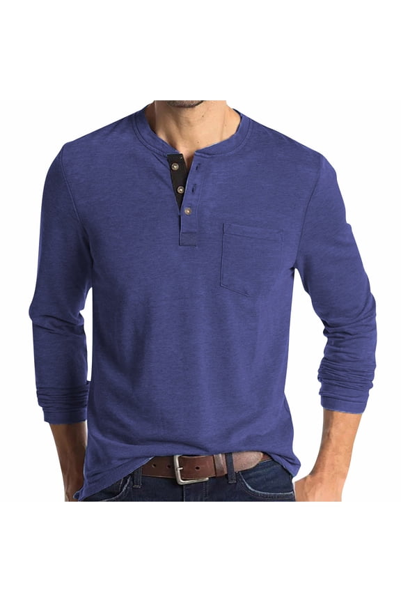 Mens Heathered Henley Shirts,Long Sleeve,Casual Tops with Chest Pocket,Soft,Comfort Fit Basic Tops,Navy,Size 3XL