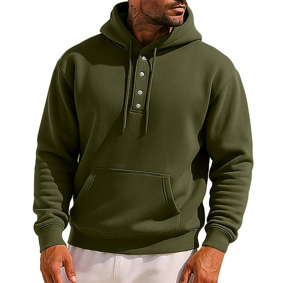 GuangCheng Mens Henley Hoodies,Solid Color,Casual,Pullover,Sweatshirts with Front Pocket and Drawstring Hooded,Army Green,XL
