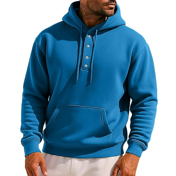 GuangCheng Mens Henley Hoodies,Solid Color,Casual,Pullover,Sweatshirts with Front Pocket and Drawstring Hooded,Blue,L
