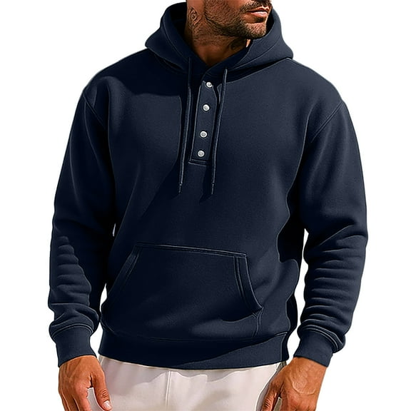 GuangCheng George Mens Henley Hoodies,Solid Color,Casual,Pullover,Sweatshirts with Front Pocket and Drawstring Hooded,Navy,2XL