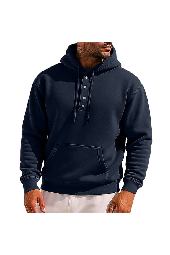 Mens Henley Hoodies,Solid Color,Casual,Pullover,Sweatshirts with Front Pocket and Drawstring Hooded,Navy,2XL