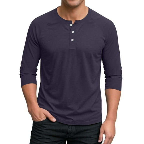 GuangCheng George Mens Henley Long Sleeve T-Shirts,Slim Fit,Soft,Cotton Blend,Button Placket Shirts Pullover Tops,Dark Blue,Size 2XL