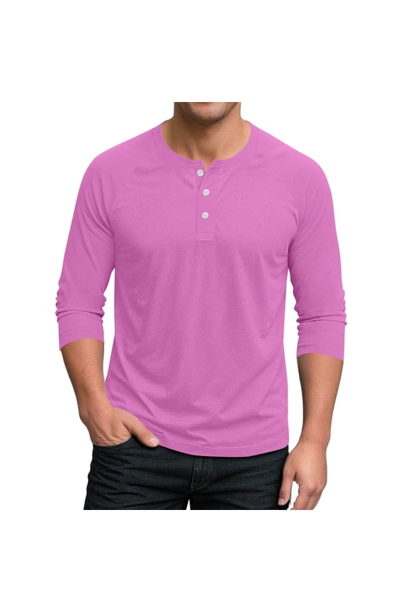 Mens Henley Long Sleeve T-Shirts,Slim Fit,Soft,Cotton Blend,Button Placket Shirts Pullover Tops,Pink,Size M