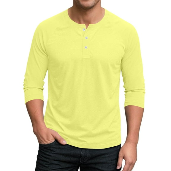 GuangCheng George Mens Henley Long Sleeve T-Shirts,Slim Fit,Soft,Cotton Blend,Button Placket Shirts Pullover Tops,Yellow,Size XL