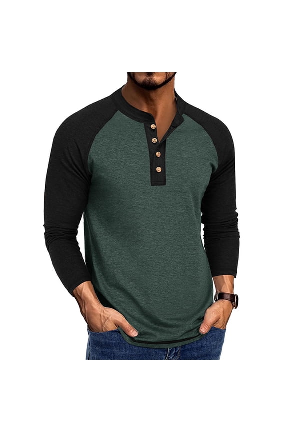 George Mens Henley Shirts,Color Block,Long Sleeve,Casual Tees,Raglan Sleeve,Athletic Comfort Tops,Green,Size XL