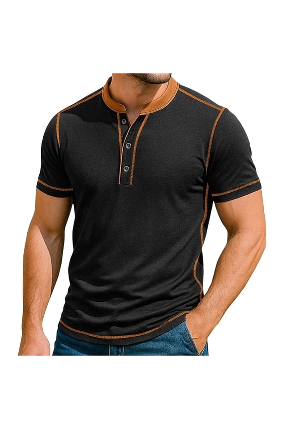 George Mens Henley Shirts,Contrast Stitch,Short Sleeve ,Slim Fit,Soft,Breathable,Pullover,Button Placket,Casual Wear Tops,Black,Size 3XL