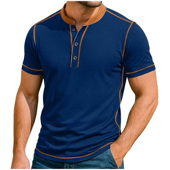 GuangCheng Mens Henley Shirts,Contrast Stitch,Short Sleeve ,Slim Fit,Soft,Breathable,Pullover,Button Placket,Casual Wear Tops,Blue,Size XL
