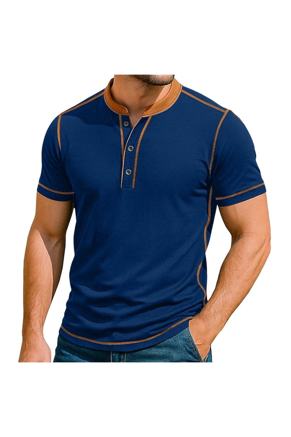 Mens Henley Shirts,Contrast Stitch,Short Sleeve ,Slim Fit,Soft,Breathable,Pullover,Button Placket,Casual Wear Tops,Blue,Size XL