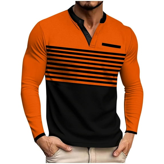 GuangCheng Mens Henley Shirts,Striped,Color Block,Long Sleeve,Casual,Slim Fit,Stylish T Shirts,Orange,Size XL