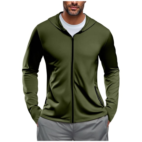 GuangCheng George Mens Jacket,Hooded,Lightweight,Athletic,Quick Dry,Full Zip Up,Sports Jacket with Zip Pockets,UPF Sun Protection Active Workout Coat,Army Green,XL