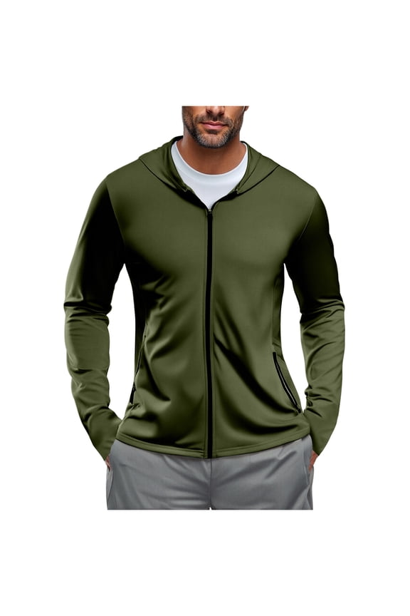 Mens Jacket,Hooded,Lightweight,Athletic,Quick Dry,Full Zip Up,Sports Jacket with Zip Pockets,UPF Sun Protection Active Workout Coat,Army Green,M