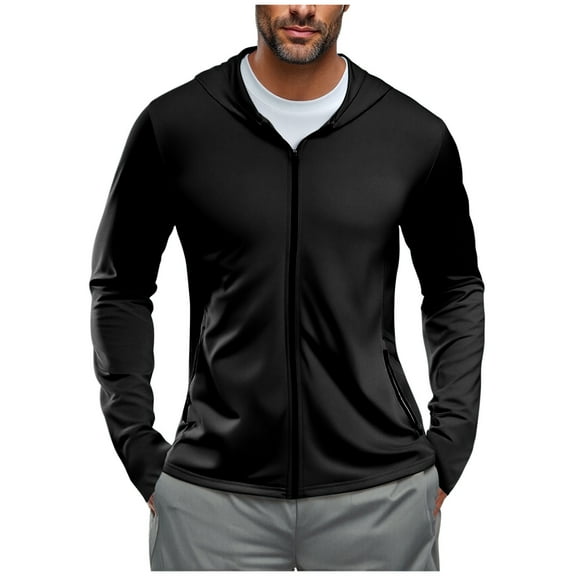 GuangCheng George Mens Jacket,Hooded,Lightweight,Athletic,Quick Dry,Full Zip Up,Sports Jacket with Zip Pockets,UPF Sun Protection Active Workout Coat,Black,3XL