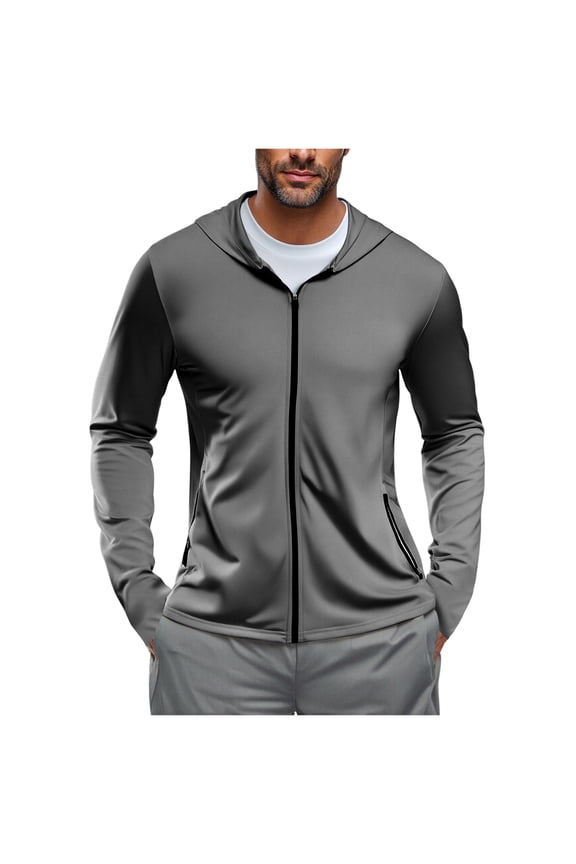 Mens Jacket,Hooded,Lightweight,Athletic,Quick Dry,Full Zip Up,Sports Jacket with Zip Pockets,UPF Sun Protection Active Workout Coat,Dark Gray,S