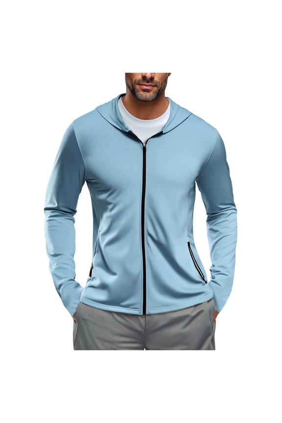 Mens Jacket,Hooded,Lightweight,Athletic,Quick Dry,Full Zip Up,Sports Jacket with Zip Pockets,UPF Sun Protection Active Workout Coat,Light Blue,M