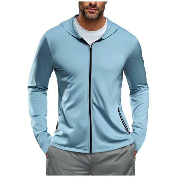 GuangCheng George Mens Jacket,Hooded,Lightweight,Athletic,Quick Dry,Full Zip Up,Sports Jacket with Zip Pockets,UPF Sun Protection Active Workout Coat,Light Blue,2XL