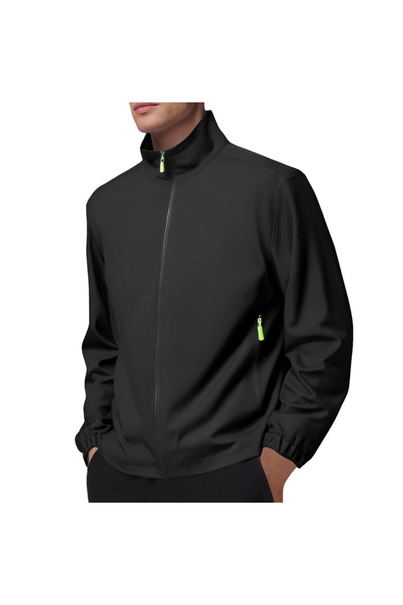 Mens Jackets,Lightweight,Windproof,Water Resistant,Outdoor Jacket with Zippered Pockets,Full Zip Fleece Lined Jackets for Hiking Travel,Black,XL