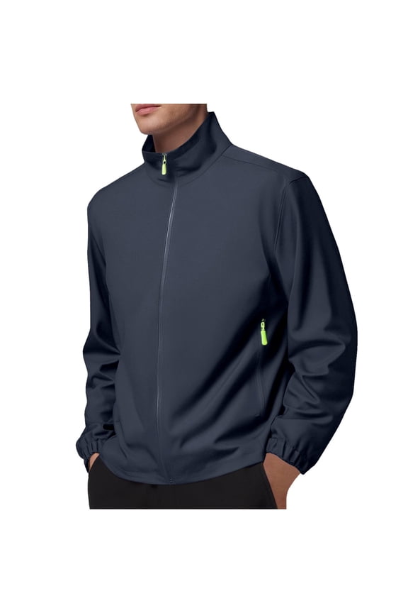 Mens Jackets,Lightweight,Windproof,Water Resistant,Outdoor Jacket with Zippered Pockets,Full Zip Fleece Lined Jackets for Hiking Travel,Navy,2XL