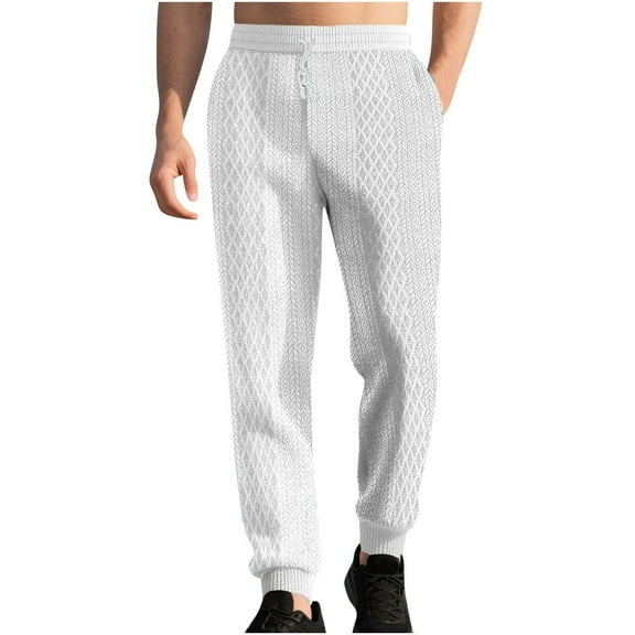 GuangCheng George Mens Joggers Sweatpants,Textured Knit,Elastic Drawstring Waist,Casual,Comfort Pull On Pants,White,Size XL
