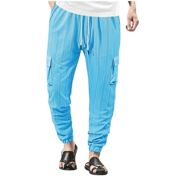GuangCheng Mens Lightweight Textured Cargo Joggers,Elastic Drawstring Waist Casual Cuffed Pants with Pockets,Light Blue,Size 2XL