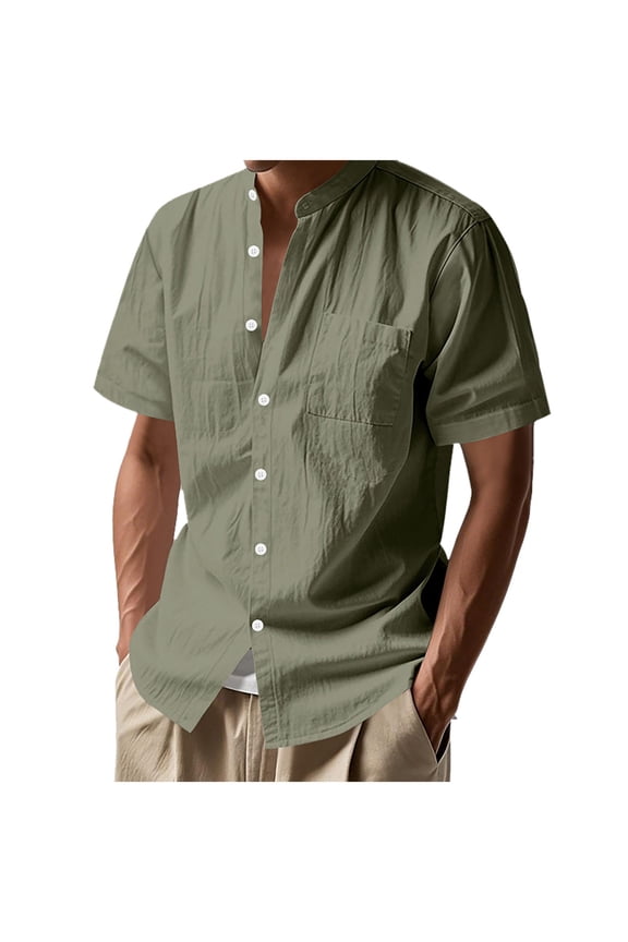 Mens Linen Blend Tshirts,Short Sleeve,Button Down,Shirt with Chest Pocket,Baggy Fit,Breathable,Lightweight,Casual Tees ,Army Green,Size 2XL