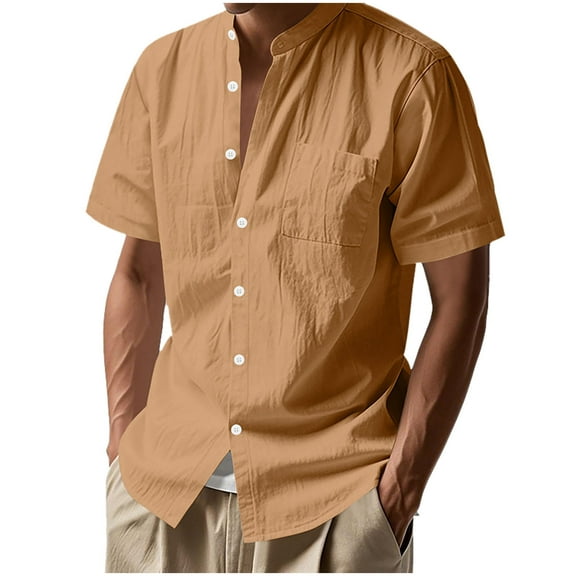 GuangCheng Mens Linen Blend Tshirts,Short Sleeve,Button Down,Shirt with Chest Pocket,Baggy Fit,Breathable,Lightweight,Casual Tees ,Yellow,Size 3XL