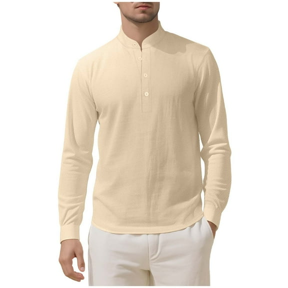 GuangCheng George Mens Linen Henley Shirts,Long Sleeve,Lightweight,Casual,Breathable,Comfortable,Loose Fit,T Shirts,Khaki,Size 2XL