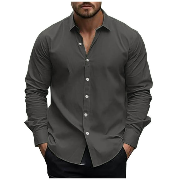 GuangCheng George Mens Long Sleeve Button Up Shirt Classic Fit Soft Cotton Blend Comfort Versatile Dress Shirts,Dark Gray,L