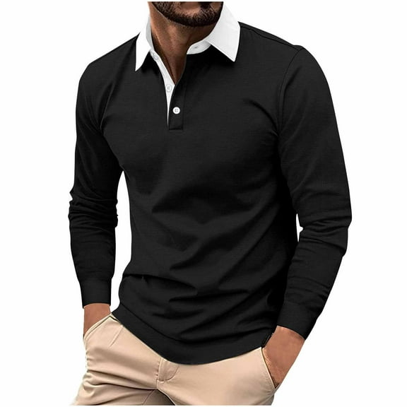 GuangCheng George Mens Long Sleeve Henley Shirts Contrast Collar Button Placket Slim Fit Stretch Comfort Casual Dress Tops,Black,3XL