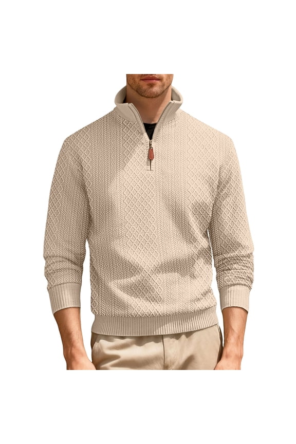 Mens Long Sleeve Sweaters,Quilted,Half Zip,Pullover,Textured,Casual Fleece,Warm Comfort Fit Tops,Khaki,Size M