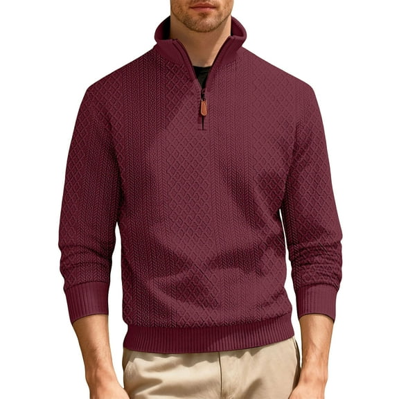 GuangCheng George Mens Long Sleeve Sweaters,Quilted,Half Zip,Pullover,Textured,Casual Fleece,Warm Comfort Fit Tops,Wine,Size M