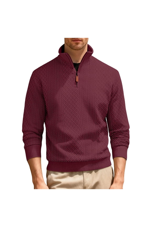 Mens Long Sleeve Sweaters,Quilted,Half Zip,Pullover,Textured,Casual Fleece,Warm Comfort Fit Tops,Wine,Size S