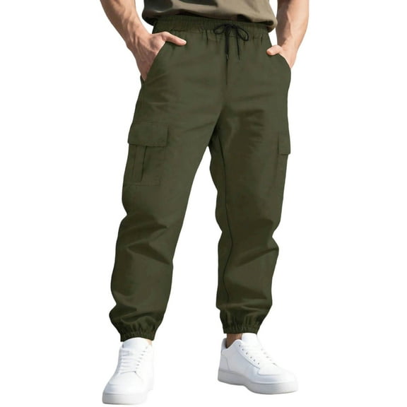GuangCheng George Mens Military Green Cargo Jogger Pants Elastic Drawstring Waist Multiple Pockets Durable Comfortable Loose Fit Casual Trousers,Size:L