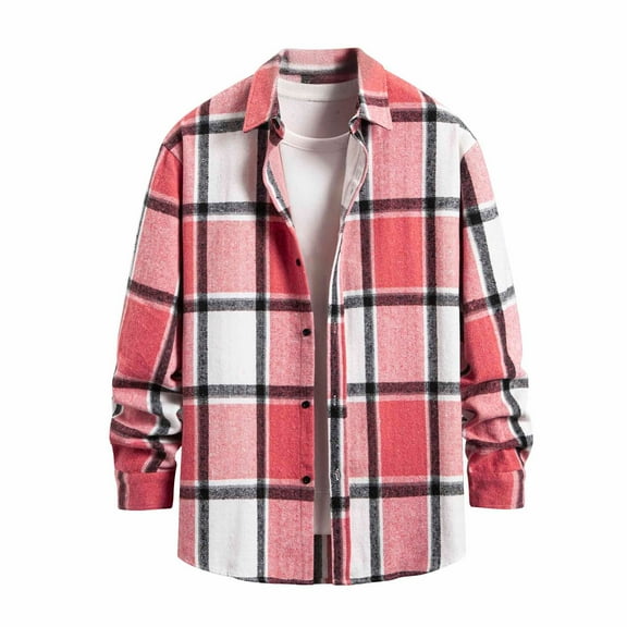 GuangCheng George Mens Oversized Plaid Flannel Shirts Checkered Button Up Long Sleeve Casual Loose Fit Warm Soft Outerwear Tops,Pink,XL