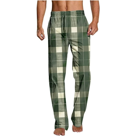 GuangCheng Mens Pajamas Green and White Plaid Lounge Pants, Soft Comfortable Sleepwear with Elastic Waistband,Size:2XL