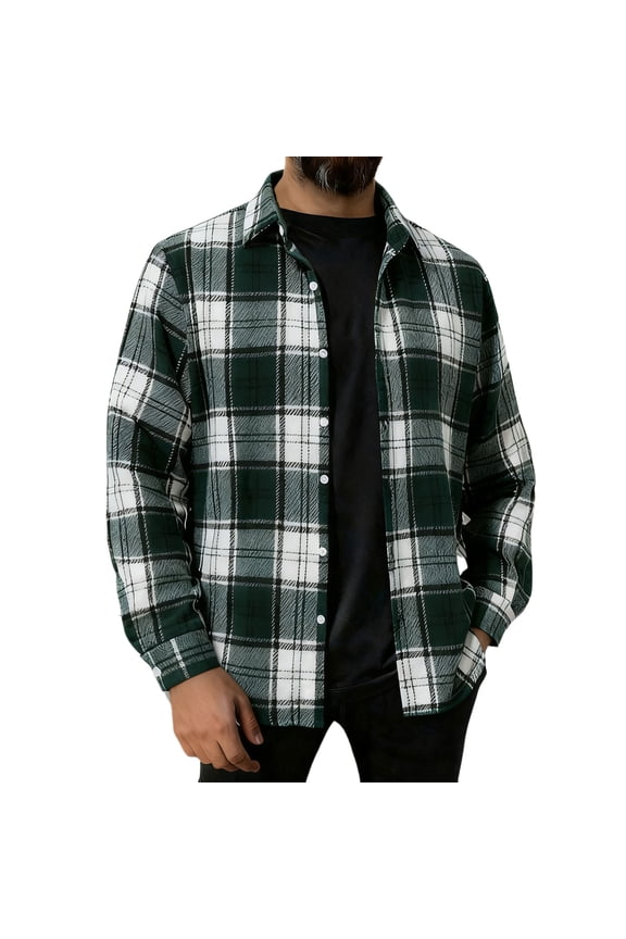 Mens Plaid Flannel Shirt Long Sleeve Button Down Classic Collar Checkered Pattern Soft Comfort Casual Overshirts,Green,2XL
