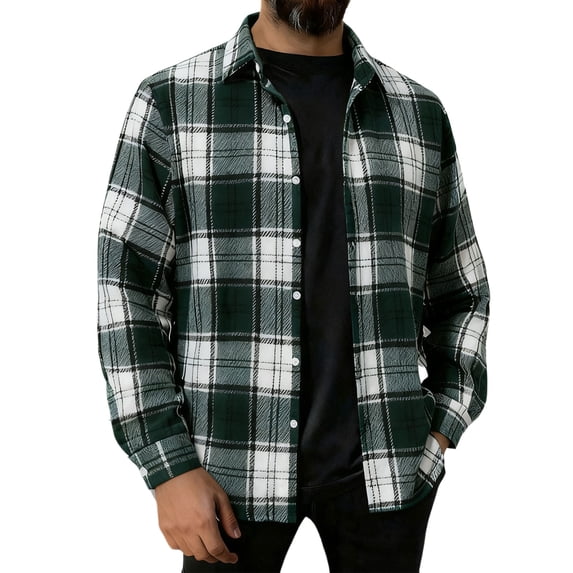 GuangCheng George Mens Plaid Flannel Shirt Long Sleeve Button Down Classic Collar Checkered Pattern Soft Comfort Casual Overshirts,Green,M