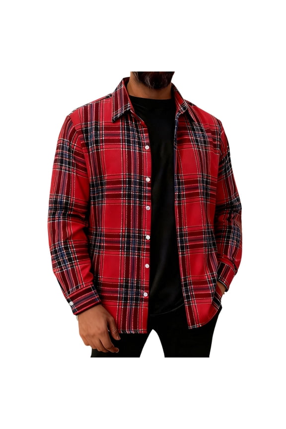 Mens Plaid Flannel Shirts Long Sleeve Button Down Classic Collar Checkered Overshirt Warm Soft Casual Statement Tops,Red,XL