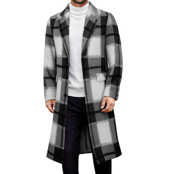 GuangCheng George Mens Plaid Overcoats,Long,Wool Blend,Trench Coat,Winter,Warm,Outerwear with Notch Lapel and Flap Pockets,Black,L