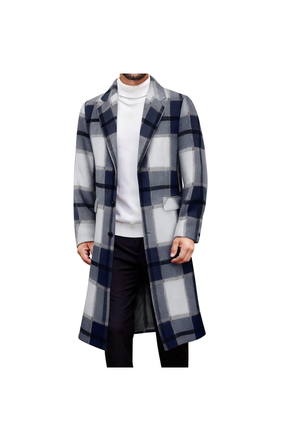 Mens Plaid Overcoats,Long,Wool Blend,Trench Coat,Winter,Warm,Outerwear with Notch Lapel and Flap Pockets,Blue,2XL