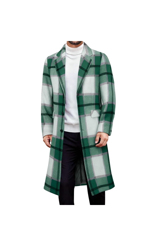 Mens Plaid Overcoats,Long,Wool Blend,Trench Coat,Winter,Warm,Outerwear with Notch Lapel and Flap Pockets,Green,L