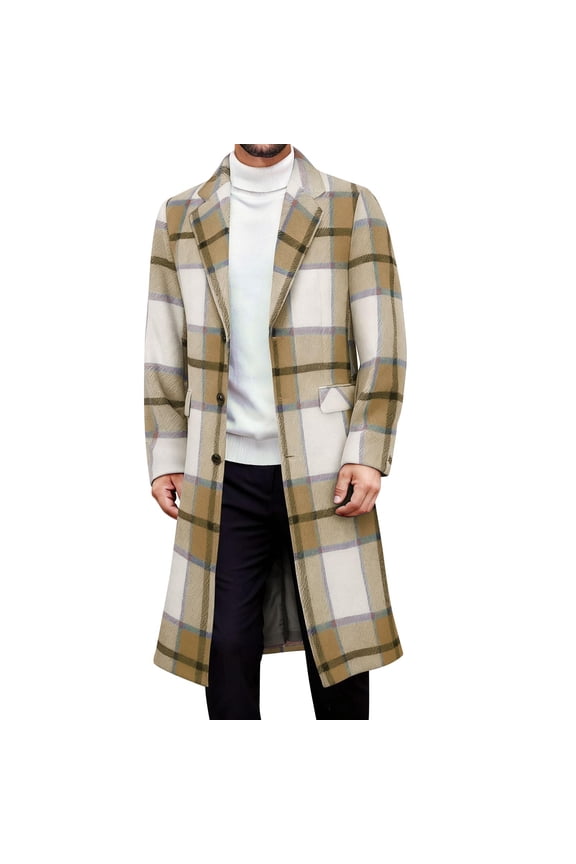 Mens Plaid Overcoats,Long,Wool Blend,Trench Coat,Winter,Warm,Outerwear with Notch Lapel and Flap Pockets,Khaki,2XL