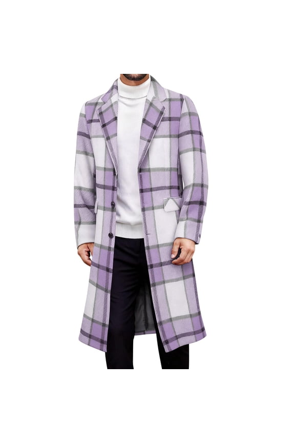 Mens Plaid Overcoats,Long,Wool Blend,Trench Coat,Winter,Warm,Outerwear with Notch Lapel and Flap Pockets,Purple,XL