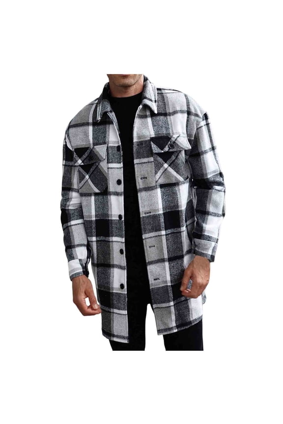 Mens Plaid Wool Blend Shirt Long Sleeve Button Front Chest Pockets Classic Collar Warm Soft Casual Fall Winter Tops,Black,L