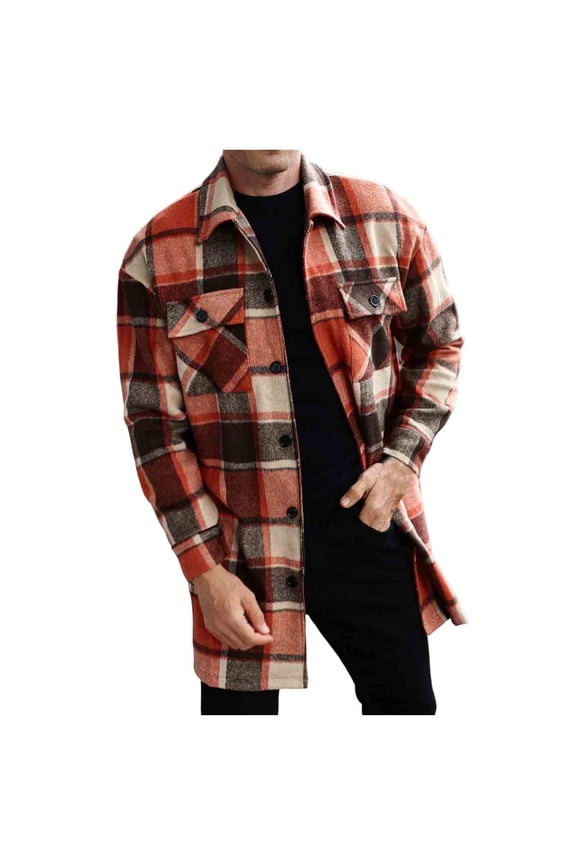 Mens Plaid Wool Blend Shirt Long Sleeve Button Front Chest Pockets Classic Collar Warm Soft Casual Fall Winter Tops,Orange,XL