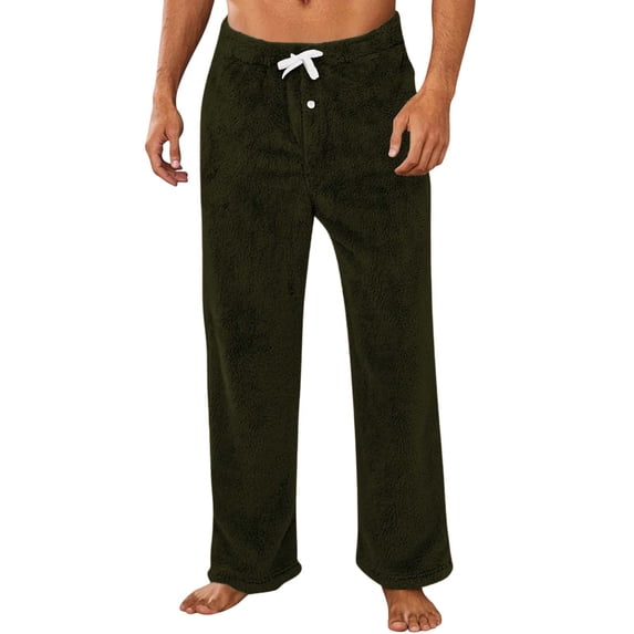 GuangCheng Mens Plush Fleece Pajama Pants,Elastic Waist,Drawstring,Lounge Sleepwear Trousers,Army Green,Size M