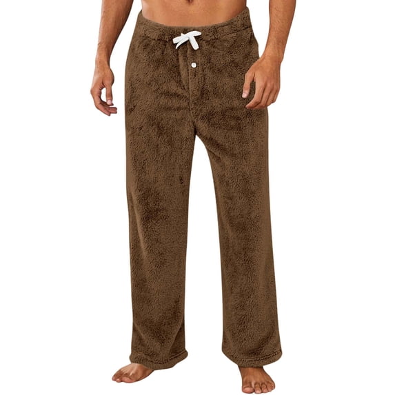 GuangCheng Mens Plush Fleece Pajama Pants,Elastic Waist,Drawstring,Lounge Sleepwear Trousers,Brown,Size 2XL
