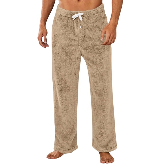 GuangCheng Mens Plush Fleece Pajama Pants,Elastic Waist,Drawstring,Lounge Sleepwear Trousers,Khaki,Size L